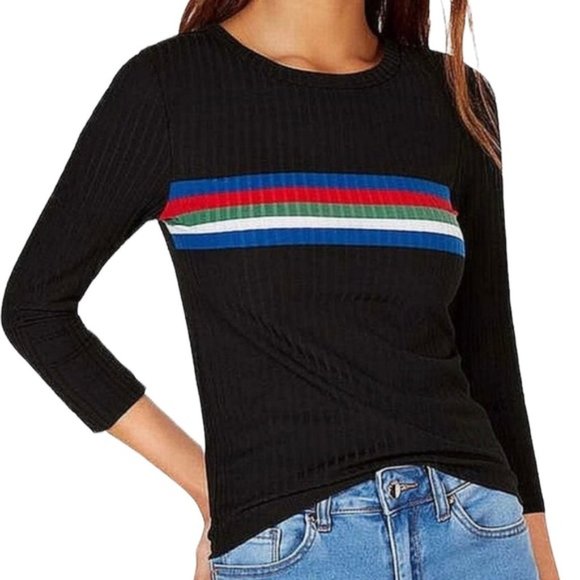 New Crave Fame Striped Rib Knit 3/4 Sleeve Tee Black Multi Juniors Size Medium - Picture 1 of 13